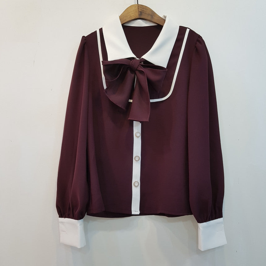 【tops】折り襟リボン長袖シャツG23035