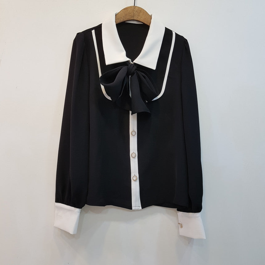 【tops】折り襟リボン長袖シャツG23035