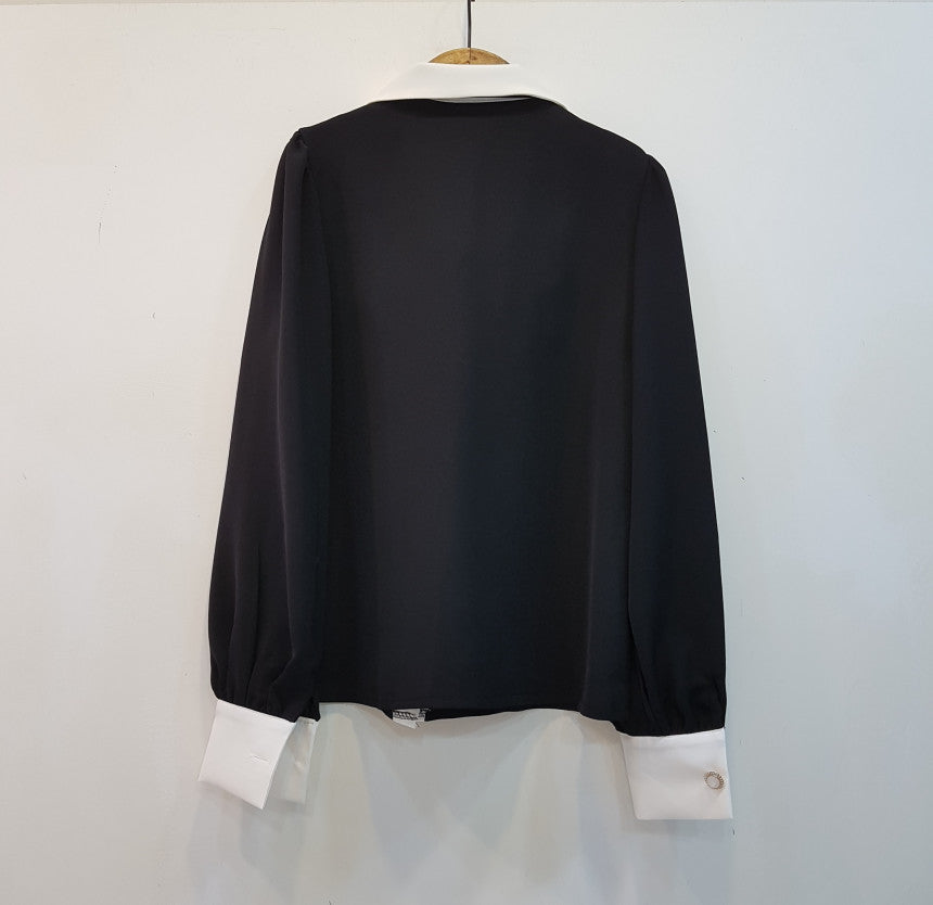 【tops】折り襟リボン長袖シャツG23035