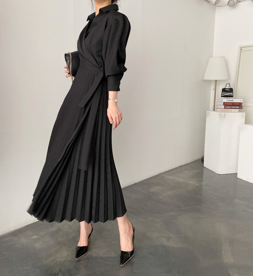 【dress】折り襟パフスリーブギャザーデートワンピースG23042