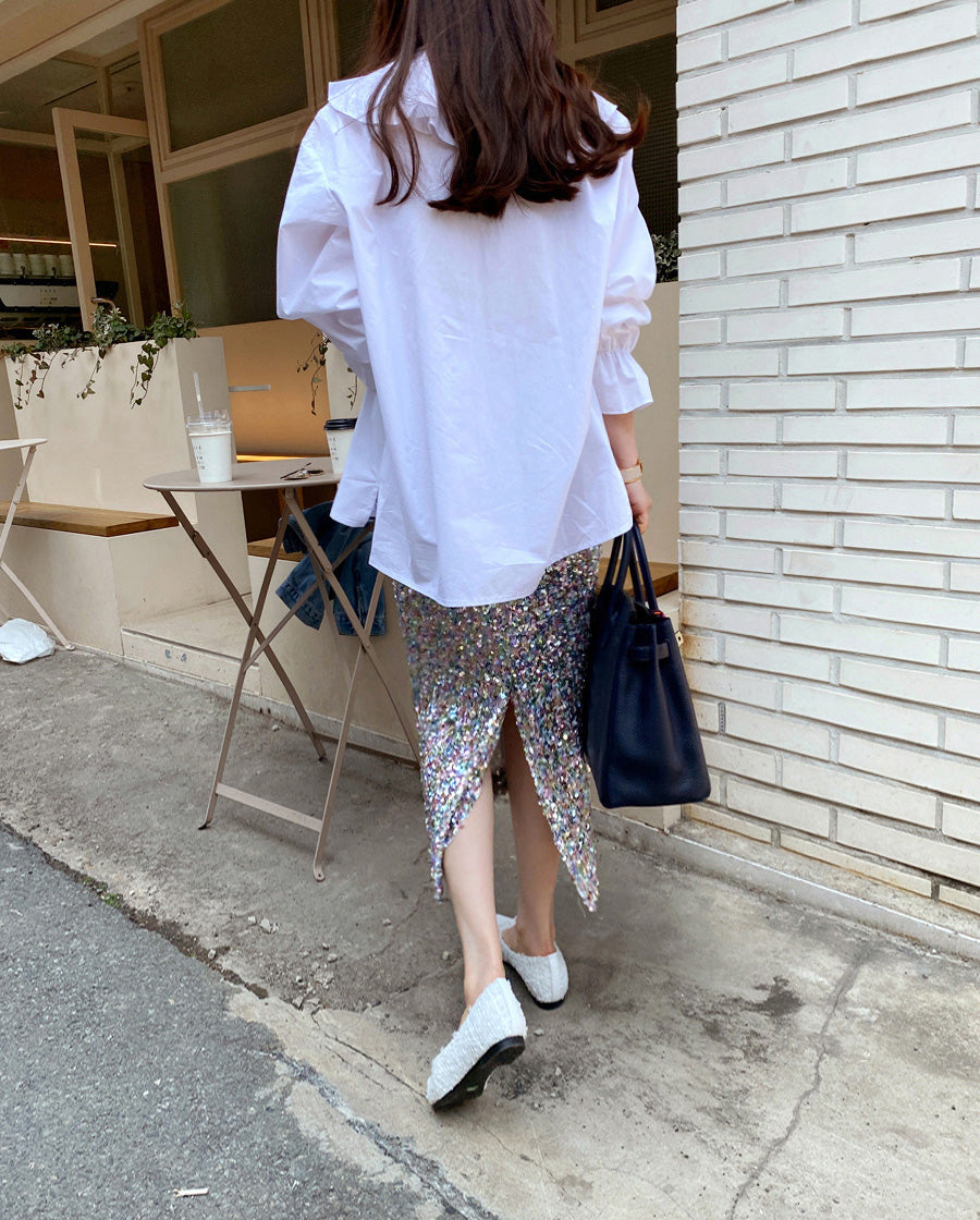 【tops】Vネック切り替えフリルシャツG23048