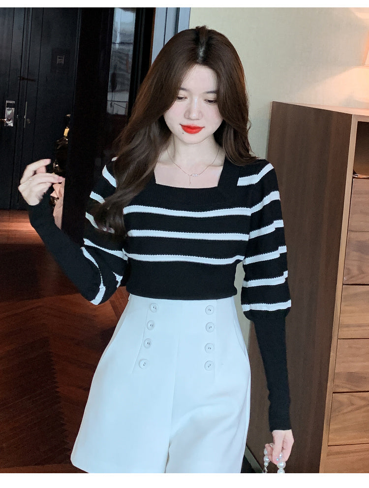 【tops】ストライプ柄長袖ニットトップスG23071