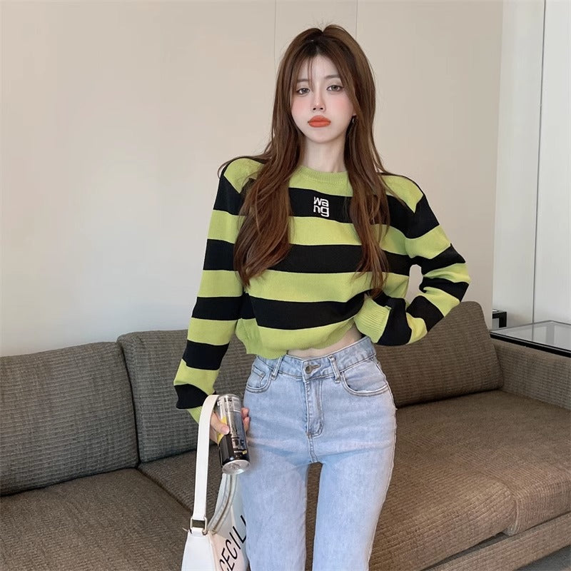 【tops】ストライプ柄長袖ニットセーターG23092