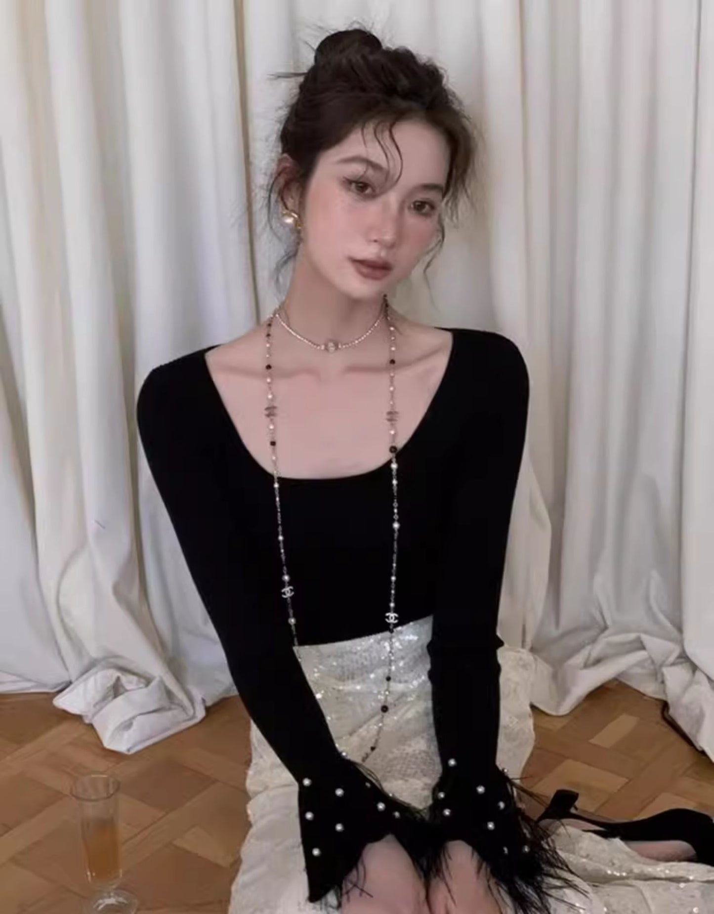 【tops】フリンジフレアスリーブニットセーターG23109