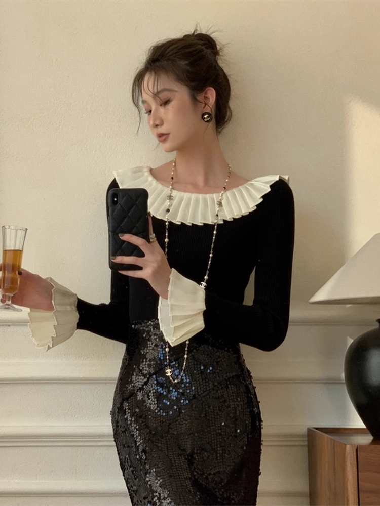 【tops】フリルフレアスリーブニットセーターG23111