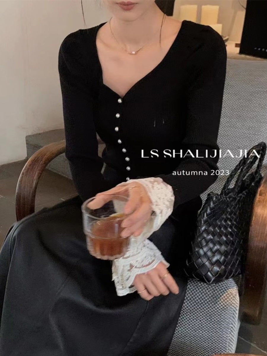 【tops】Vネックレース長袖ニットセーターG23112