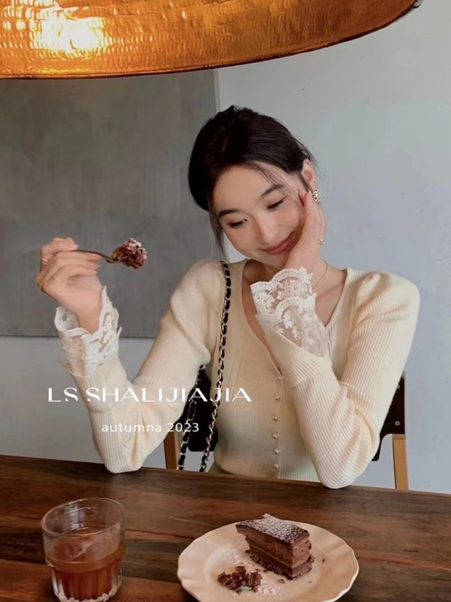 【tops】Vネックレース長袖ニットセーターG23112