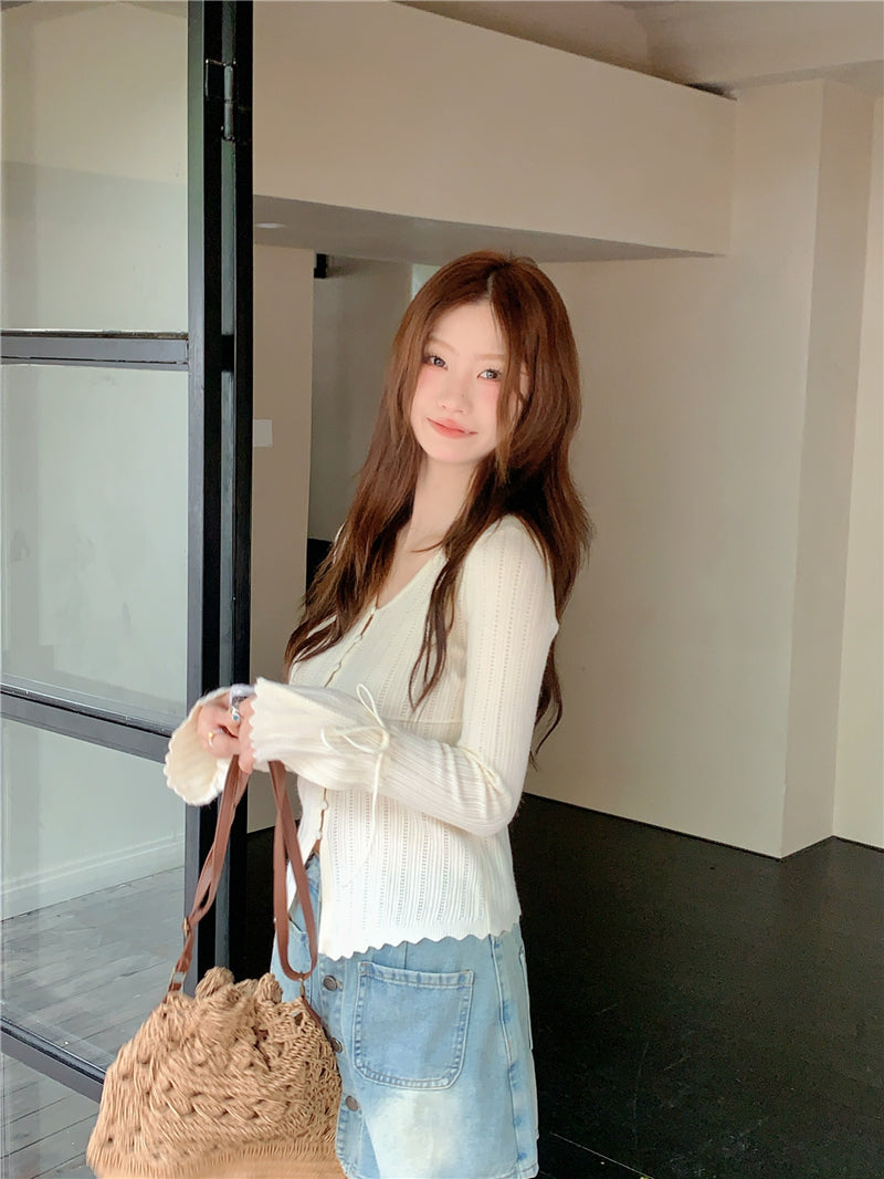 【tops】VネックフレアスリーブニットトップスG23116