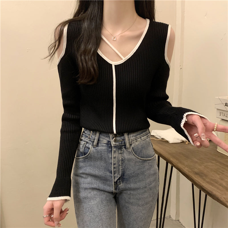 【tops】Vネック長袖ニットセーターG23120