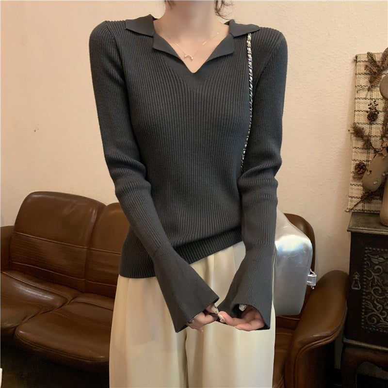 【tops】Vネック長袖ニットセーターG23122