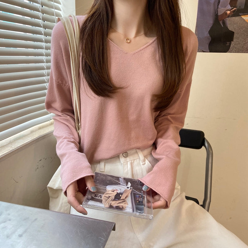 【tops】Vネック長袖ニットセーターG23126