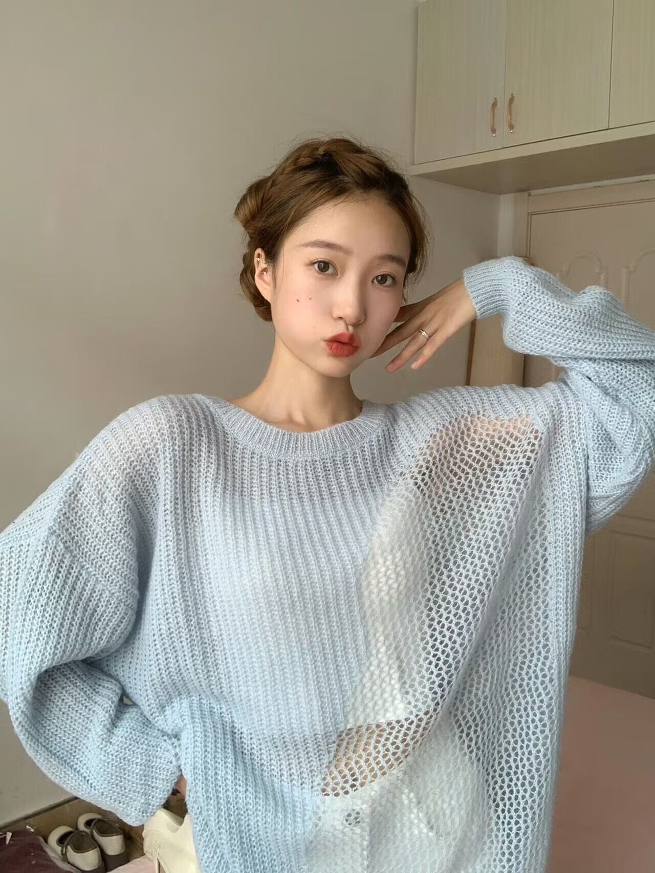 【tops】透かし彫り薄手長袖ニットトップスG23133