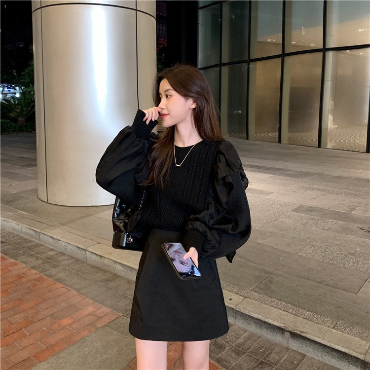 【tops】偽二つ切り替え長袖ニットセーターG23136