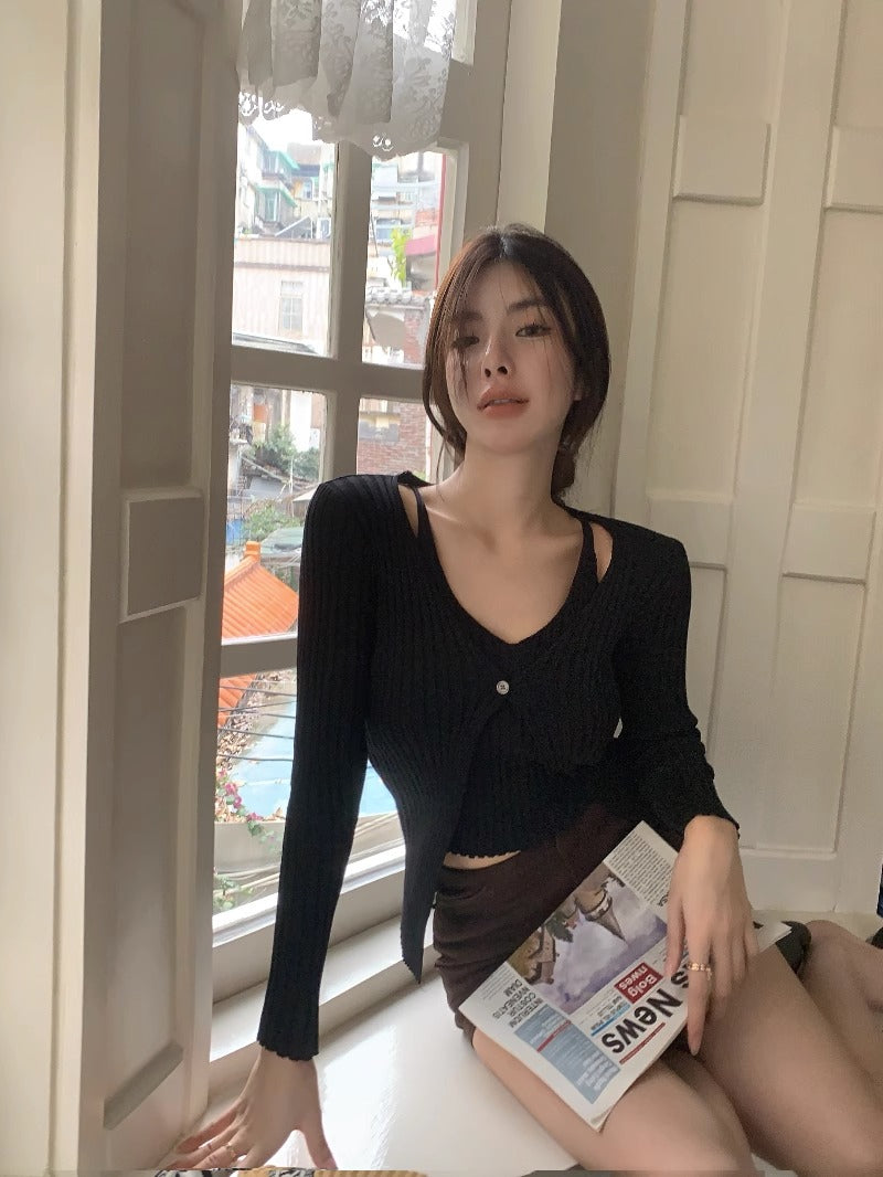 【tops】偽二つ切り替え長袖ニットセーターG23148