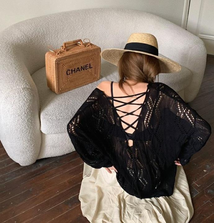 【tops】2色長袖透かし彫りニットセーターF8052