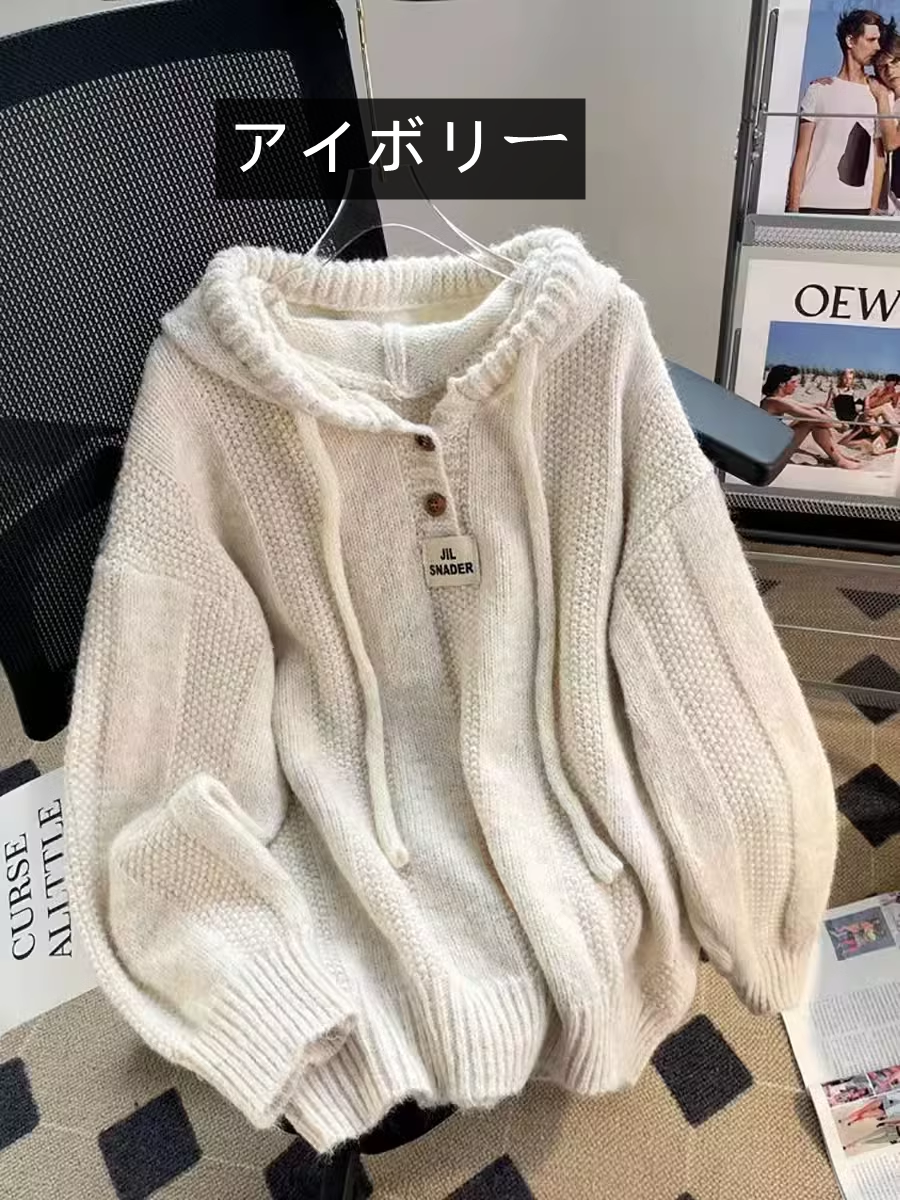 【tops】フード付き厚手ニットセーターG23189