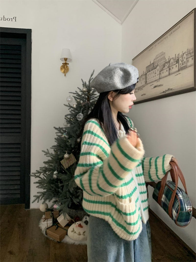 【outer】ストライプ柄ニットカーディガンG23209