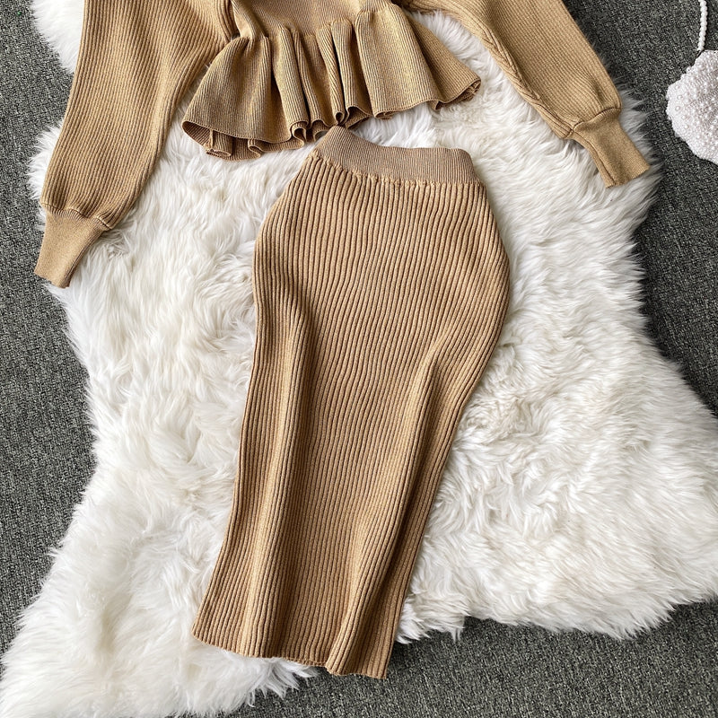 【set】Vネックニット長袖セーター+スカート2点セットG23214