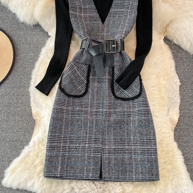 【set】ニットトップス+Vネックサロペットワンピース2点セットG23219