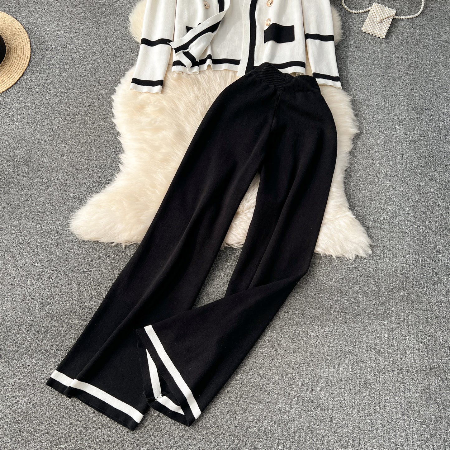 【set】長袖ニットカーディガン+ガウチョパンツ2点セットG23251