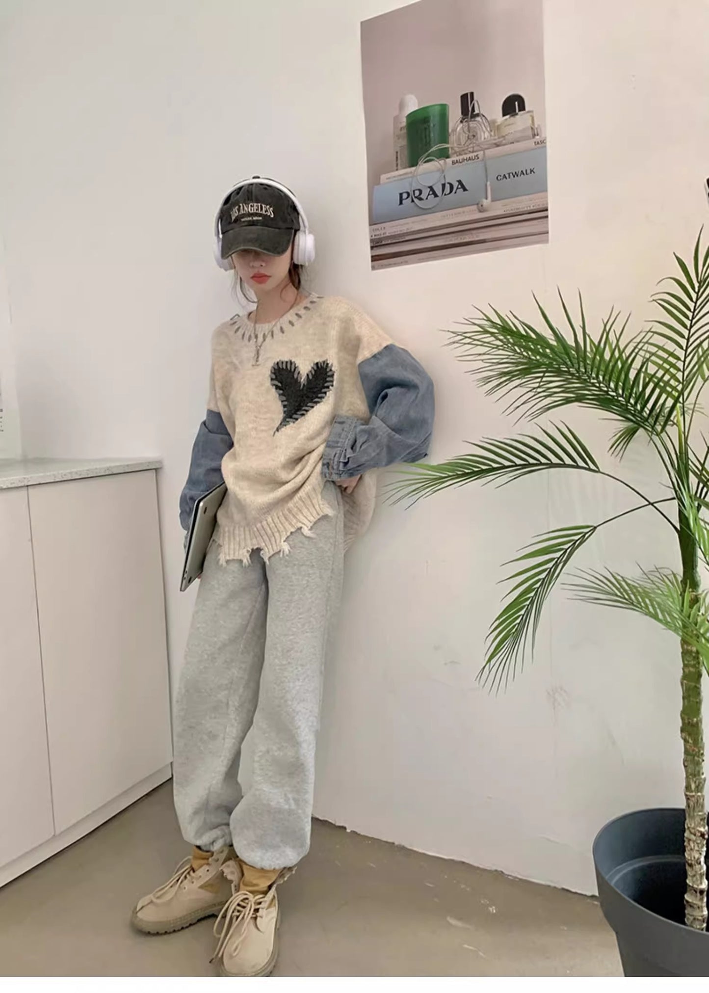 【tops】デニム切り替えニットセーターG23256