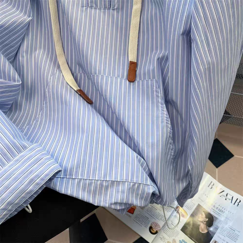 【tops】ストライプ柄フード付きシャツパーカーG23271