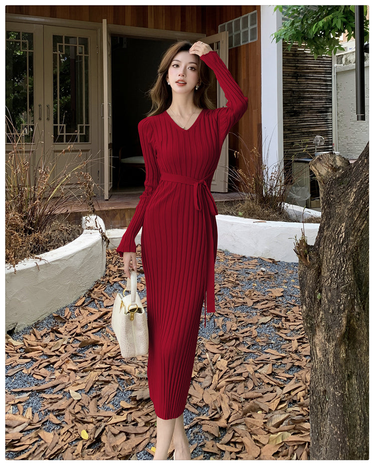 【dress】VネックタイトニットワンピースG23310