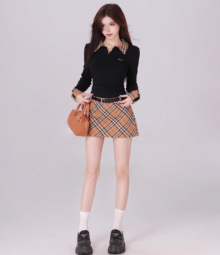 【set】偽二つ切り替えセーター+スカートベルト付き2点セットG23479