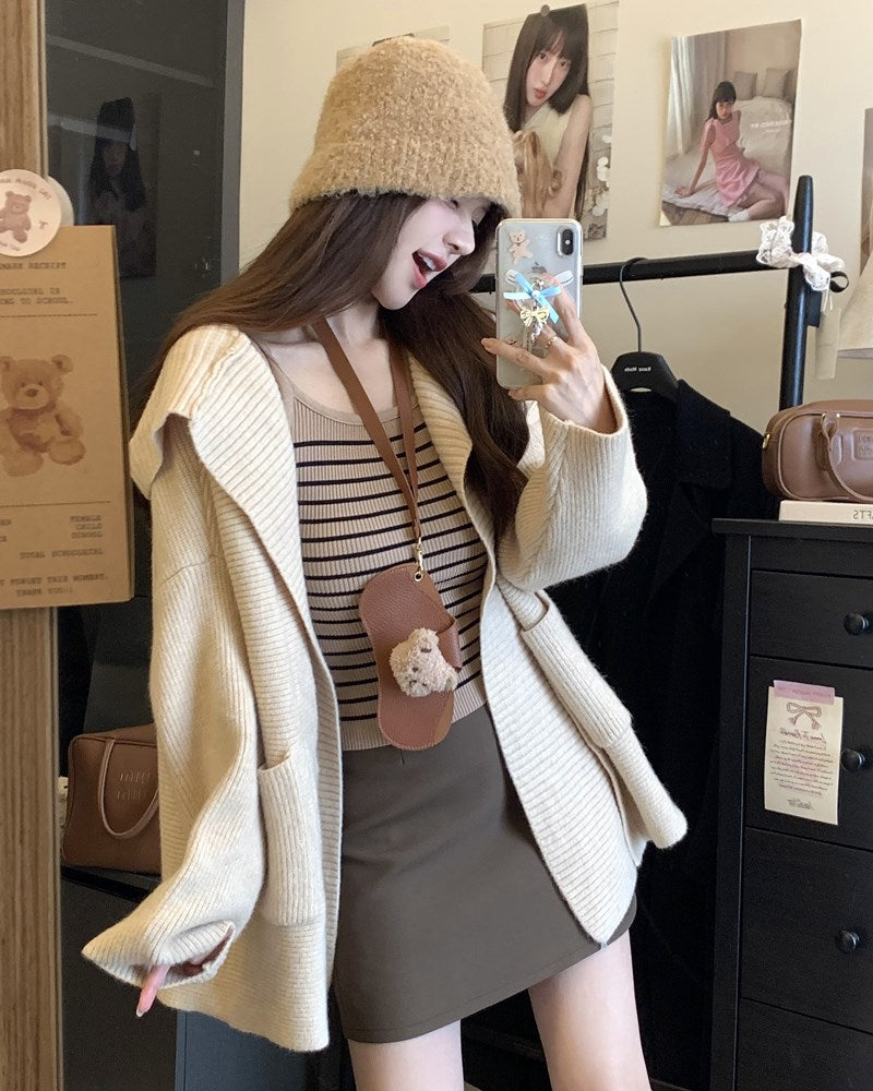 【outer】フード付きニットカーディガンG23598