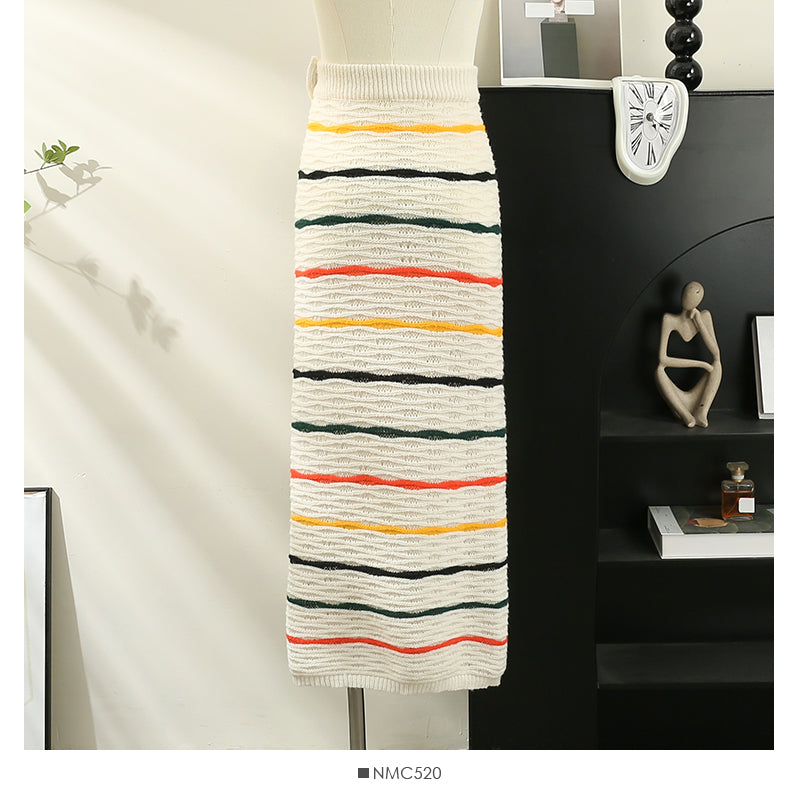 【set】ストライプ柄長袖ニット+スカート2点セットG23624