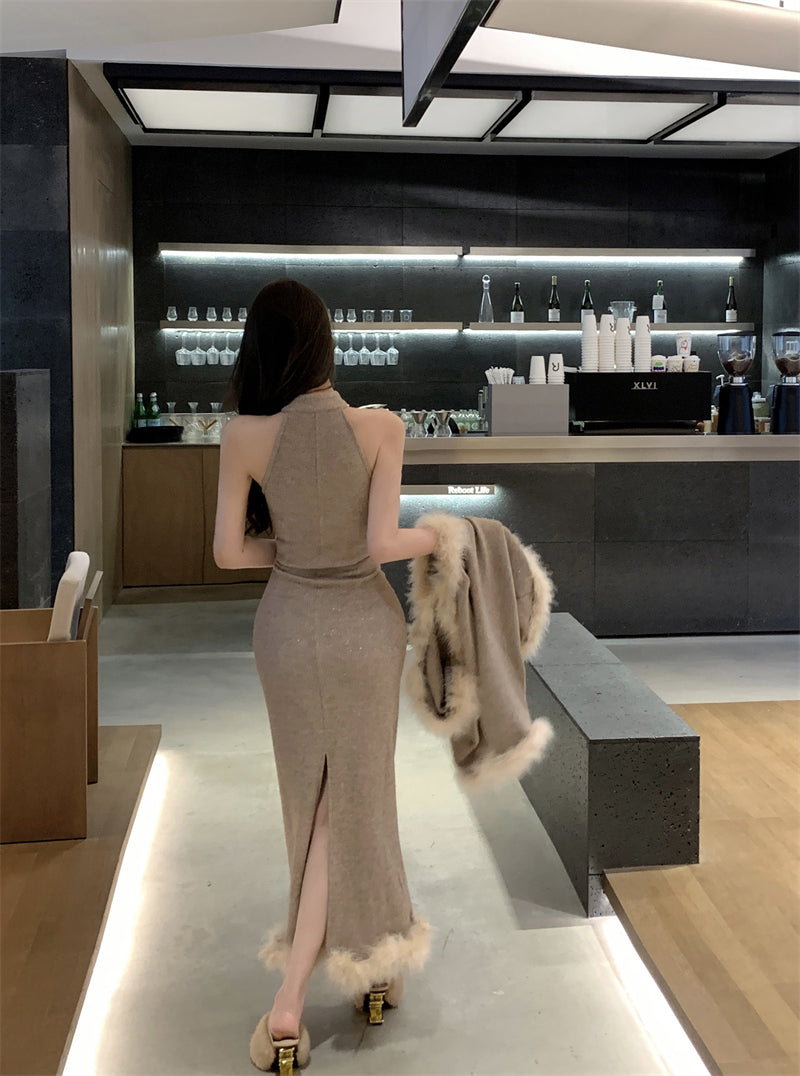 【set】ファーニットコート+タイトワンピースニット2点セットG23655