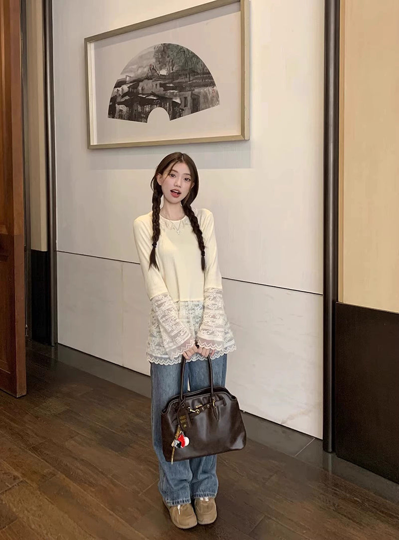 【tops】レース切り替え長袖TシャツG23673
