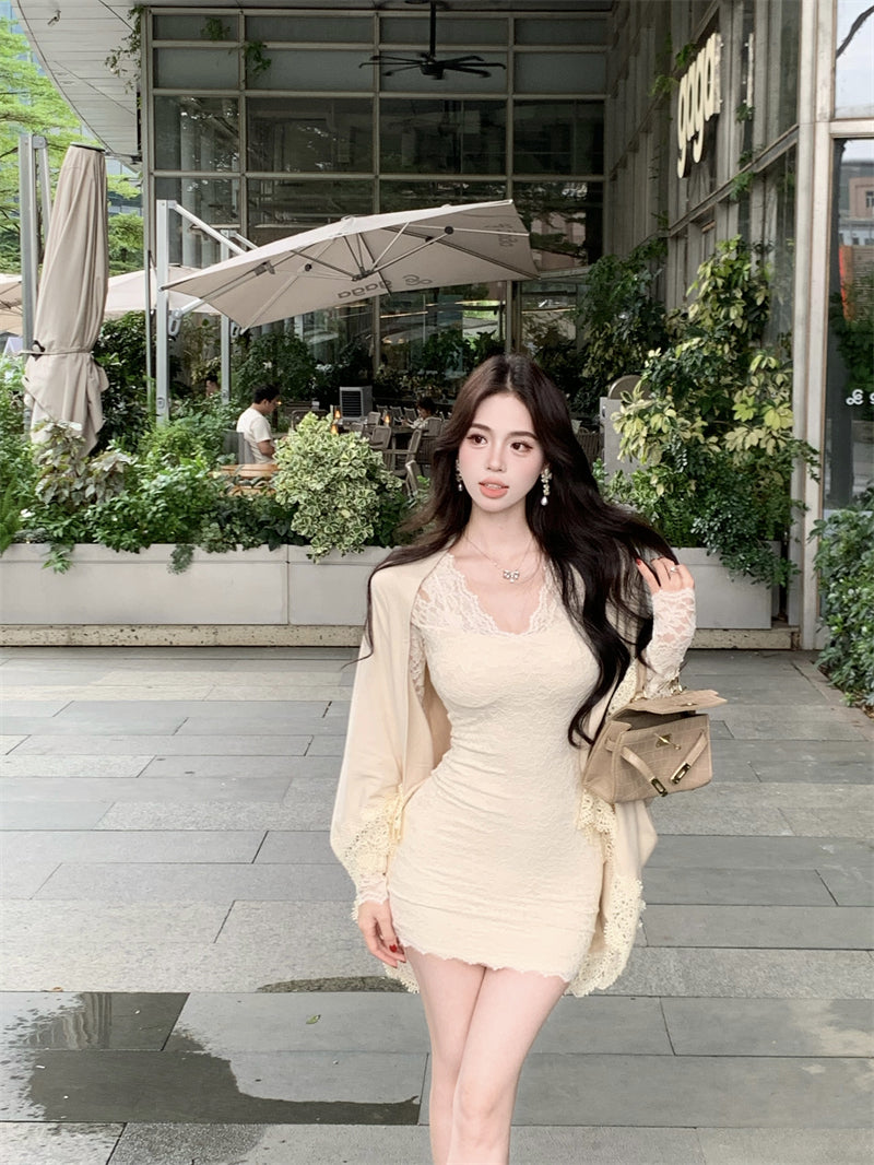 【set】レースケープ+Vネックレース長袖ワンピース2点セットG23693