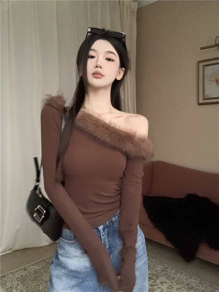 【tops】ファーボートネック長袖TシャツG23803