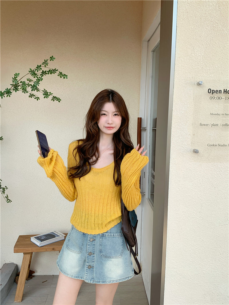 【tops】ラウンドネック長袖ニットセーターG23815