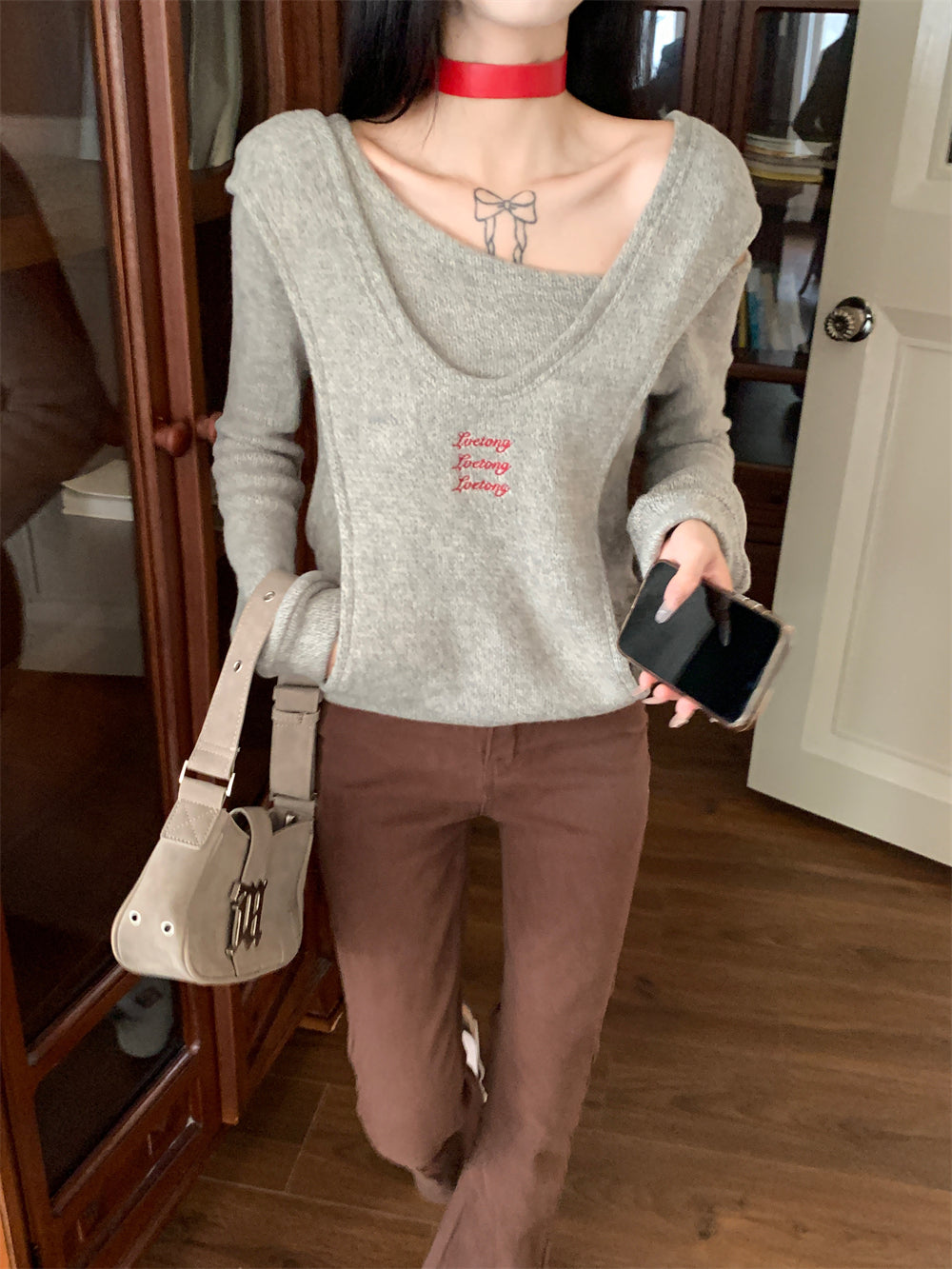 【tops】フード付き偽二つ切り替えニットG23834