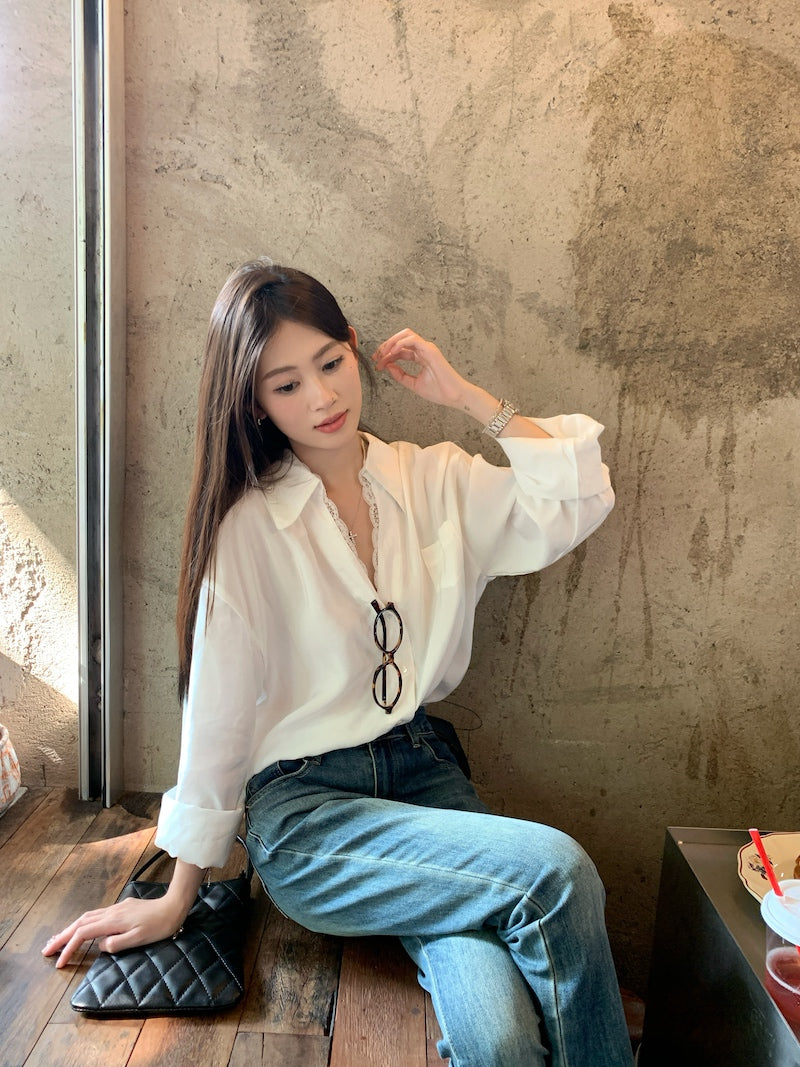 【tops】レース切り替え長袖シャツG23835