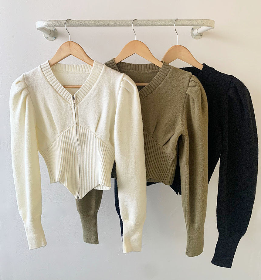 【tops】ファスナーパフスリーブニットセーターG23851