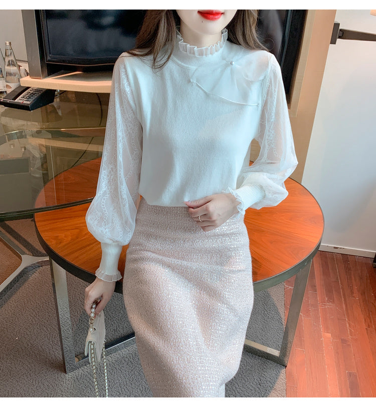 【tops】ハーフネック秋冬レース切り替えニットG24113