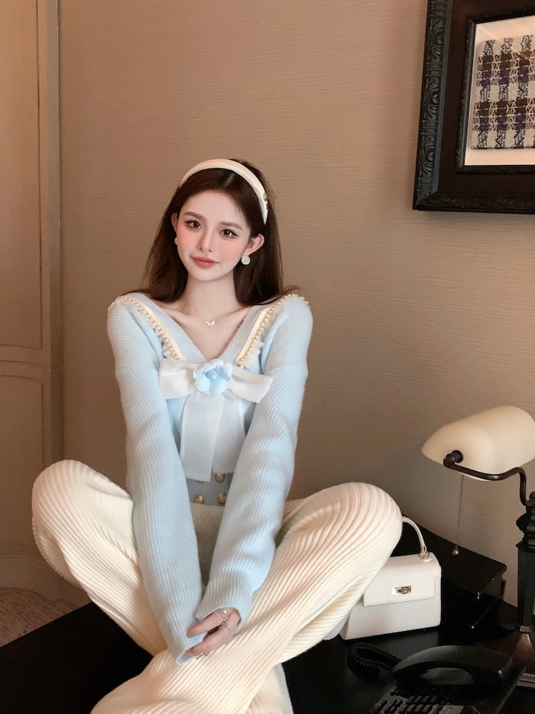 【outer】リボンVネックニットカーディガンG24122