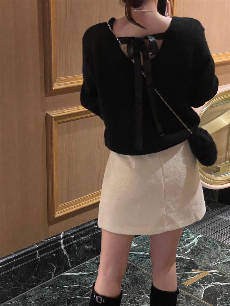 【tops】リボンVネック長袖ニットセーターG24126