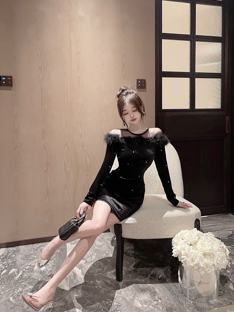 【dress】ファー透かし彫り長袖ワンピースG24132