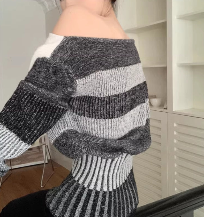 【tops】秋冬ストライプ柄ニットセーターG24135