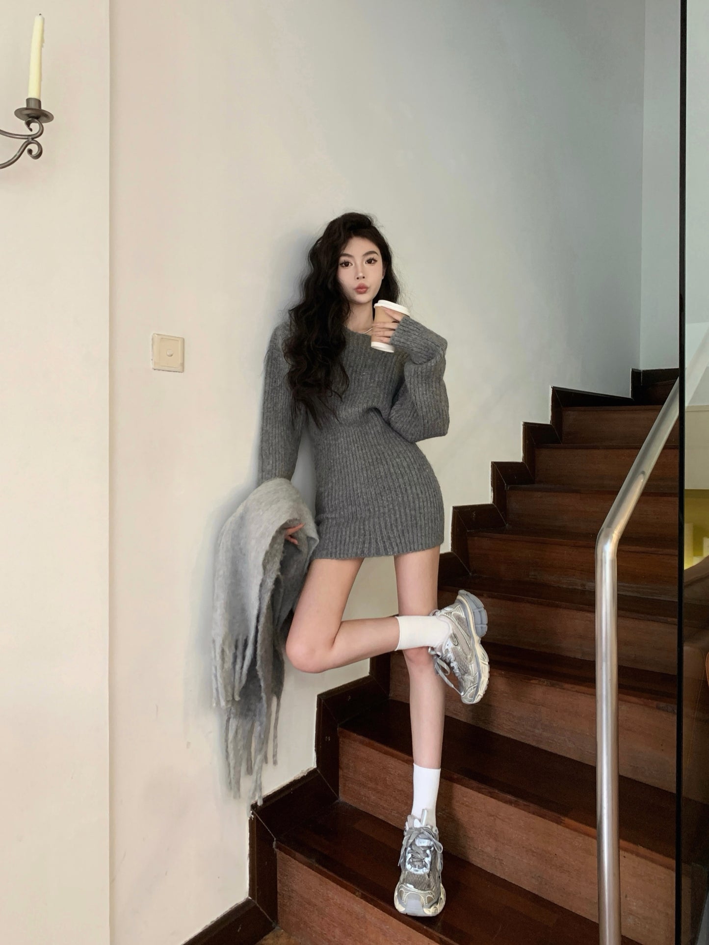 【dress】ラウンドネック秋冬ニットワンピースG24157