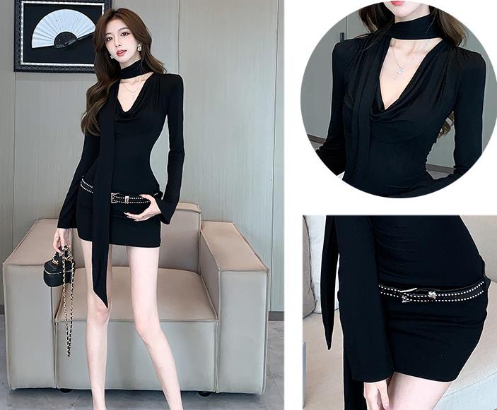 【dress】長袖体型カバーニットワンピースF8327