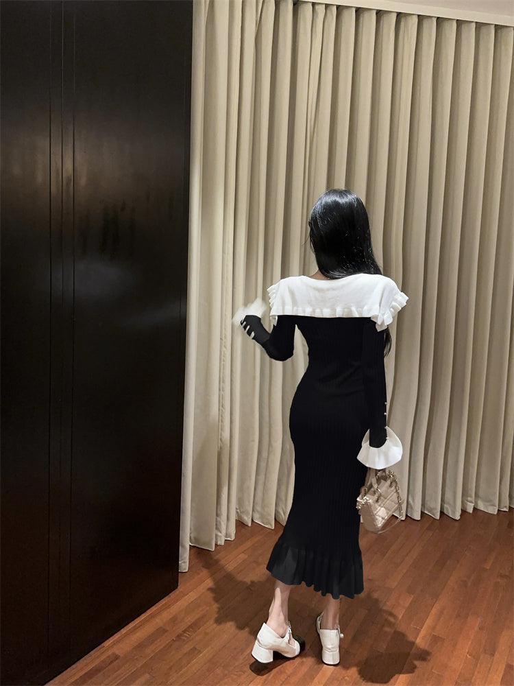 【dress】秋冬フリルマーメイドニットワンピースG24201