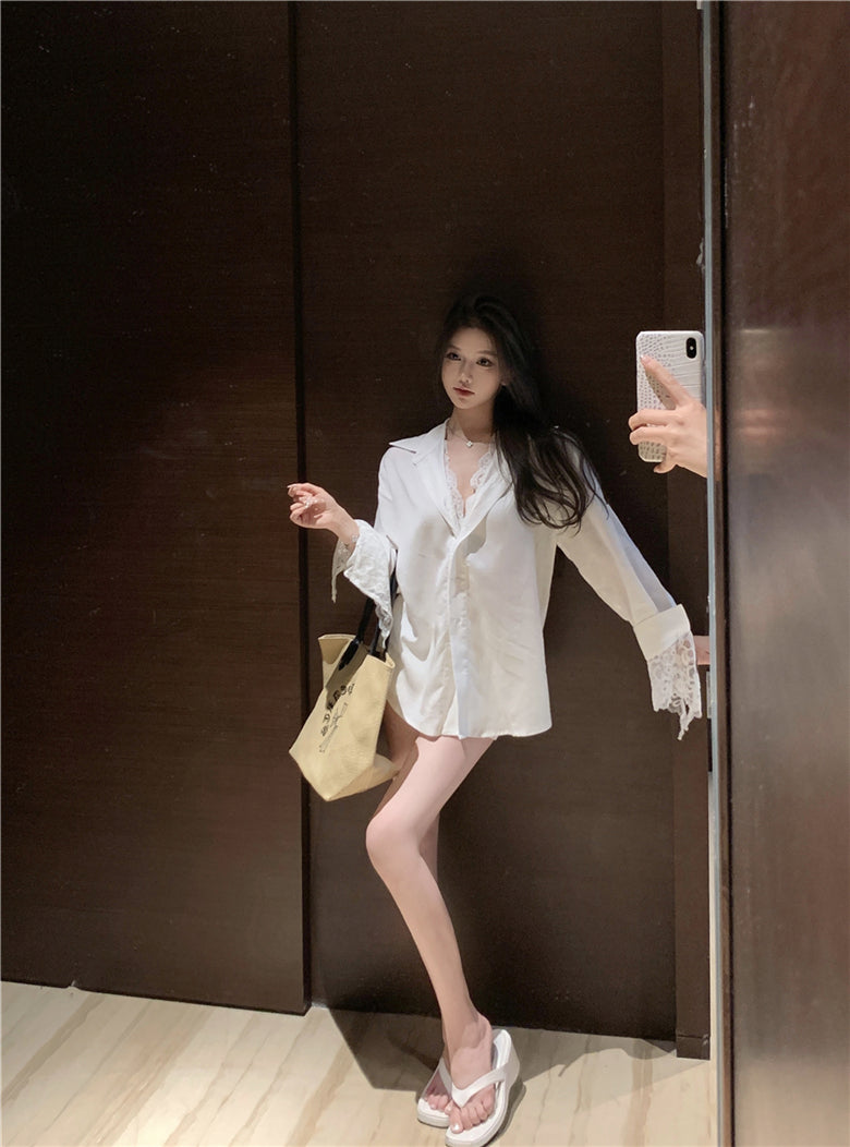 【tops】Vネック偽二つ切り替えシャツG24217