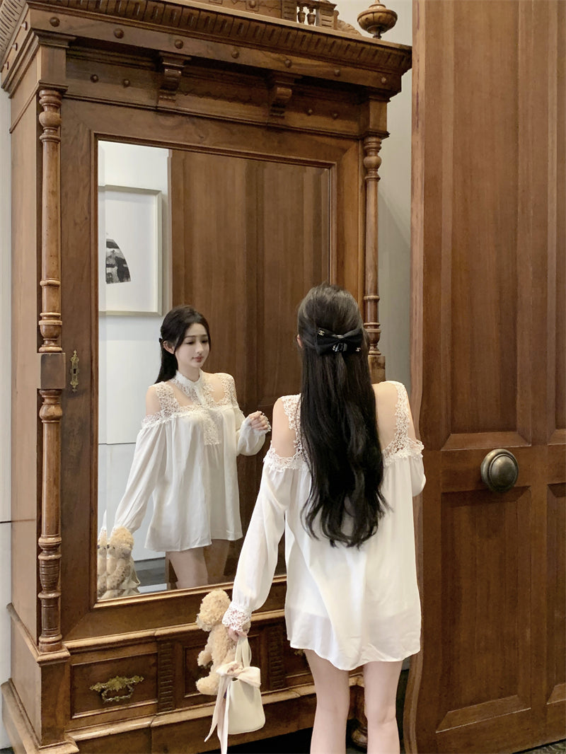 【dress】レース切り替え長袖シャツワンピースG24222