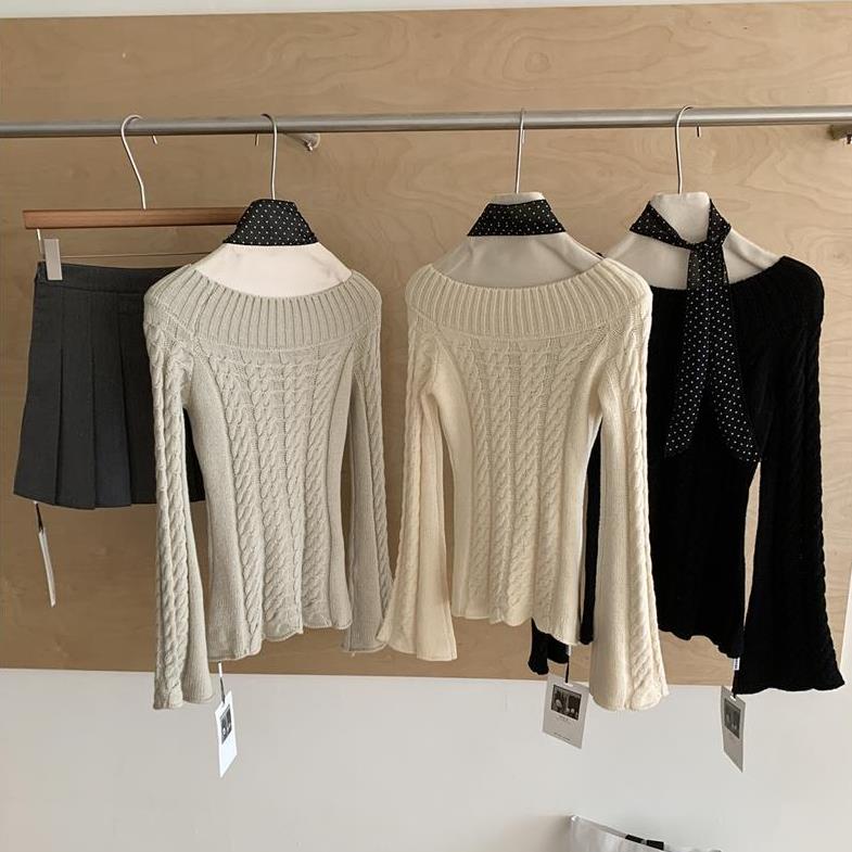 【tops】ラウンドネック長袖ニットセーターF8337