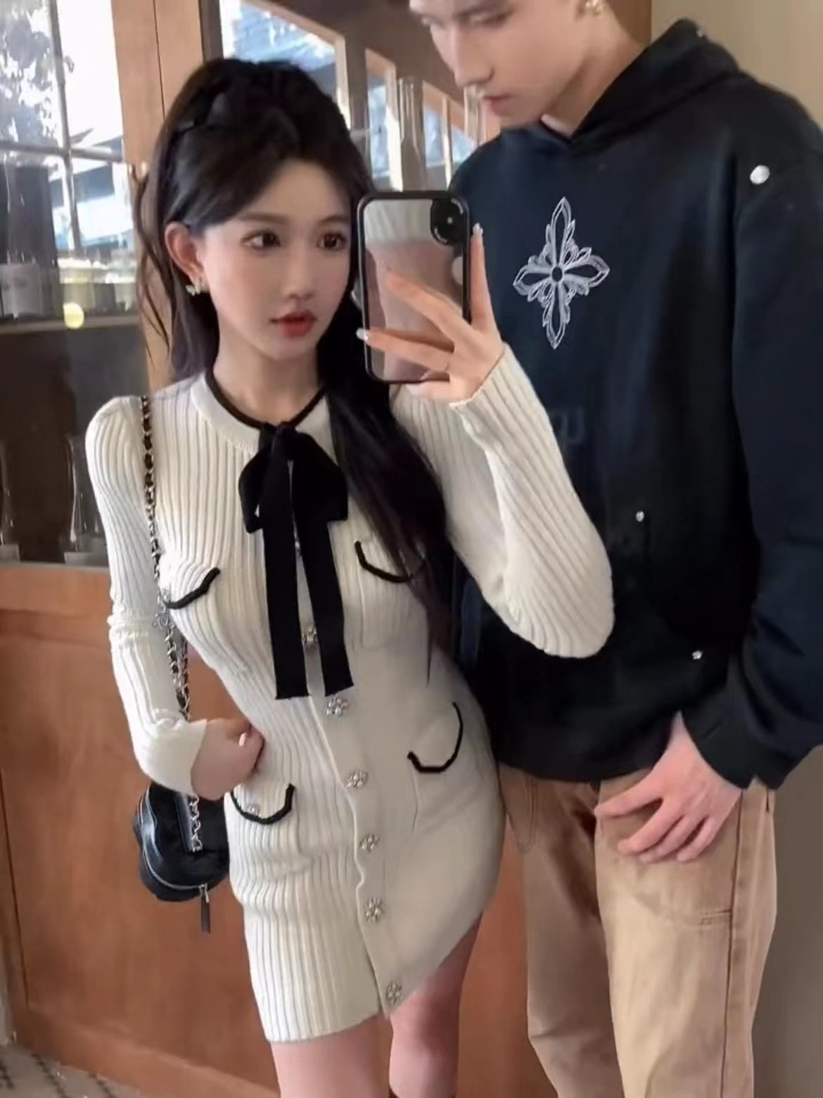 【dress】リボン長袖ニットタイトワンピースG24230